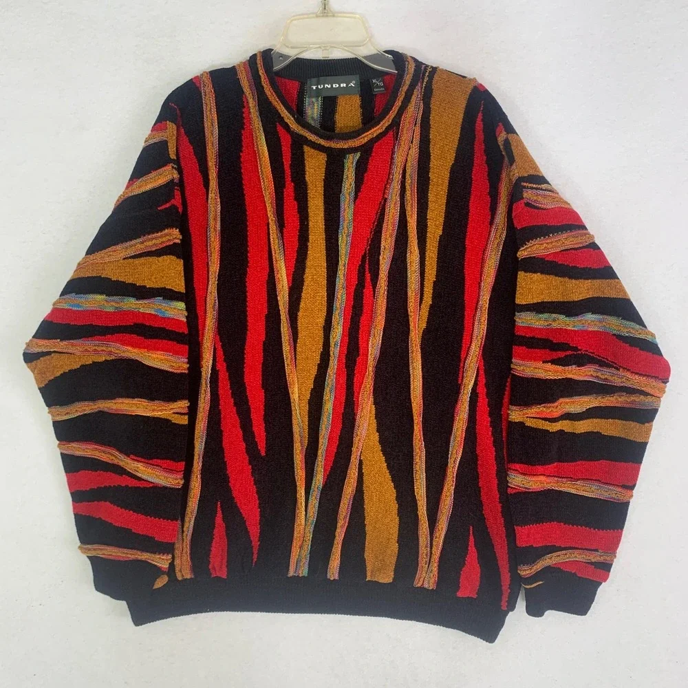 Vintage Tundra Canada 3D Knit Sweater XL Coogi Style Cosby Hip Hop Red Gold 90s